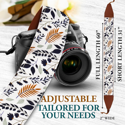 Camera Strap for DSLR and Mirrorless, Shoulder Neck Crossbody Strap with Soft Padded Webbing, White Leaves Classic