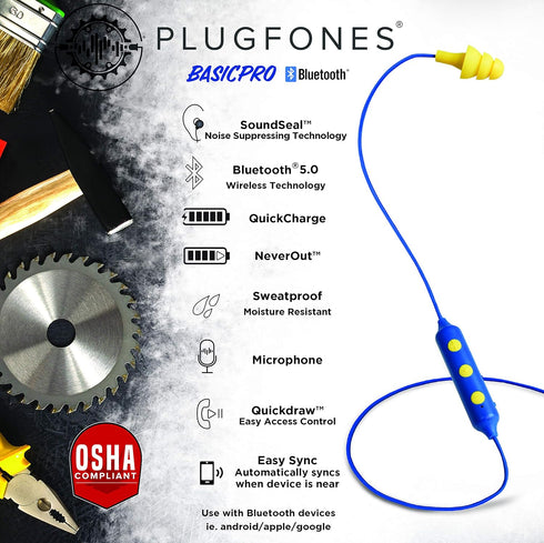 Plugfones Basic Pro Wireless Bluetooth Earbuds - Noise Reduction Headphones with Mic and Controls (Blue & Yellow)