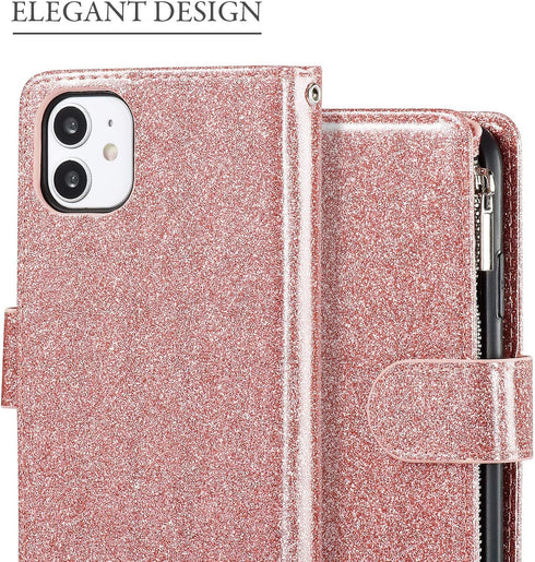 UEEBAI Wallet Case for iPhone 11 - PU Leather Magnetic Closure Handbag with Zipper Pocket, Glitter Pink