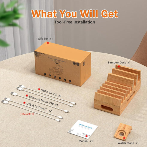 Pezin & Hulin Bamboo Charging Station Organizer for Multiple Devices & Wood Desktop Docking Stand for Cell Phone,
