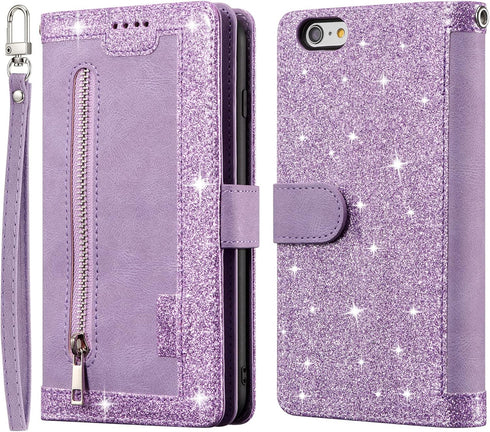 UEEBAI Wallet Case for iPhone 6 Plus & 6S Plus, Retro 9 Card Holder Slots with Zipper Pocket, Shockproof (Glitter