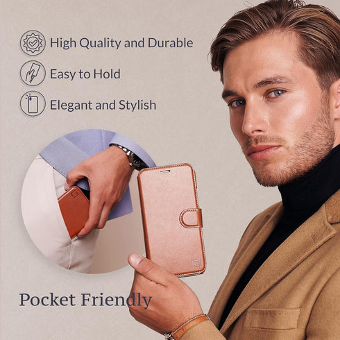 Compatible iPhone 13 Pro Max Wallet Case with Card Holder - Slim Durable Faux Leather Flip Cell Phone Case - Caramel
