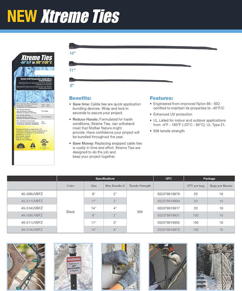 Gardner Bender 46-314UVBFZ Xtreme Temperature Cable Tie - 14 inch, 100 Pk, UV Resistant Black