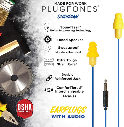 Plugfones Guardian Hybrid Earbuds - Blue & Yellow Noise Reduction In-Ear Earplug Headphones.