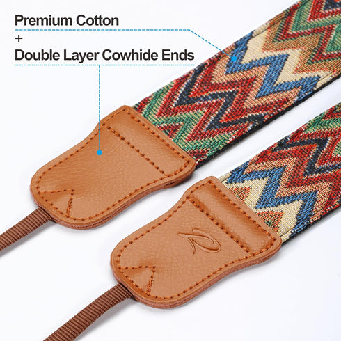Padwa Lifestyle Camera Strap - 2" Cowhide Head Straps for Photographers, Adjustable Vintage Jacquard Cotton Neck Straps