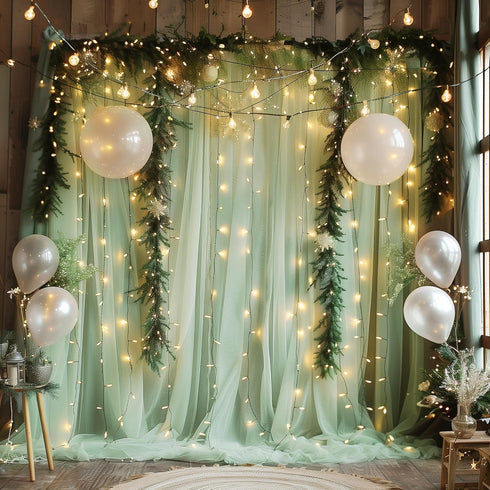 10FT 10FT (2 5x10FT) Fomcet Sage Green Tulle Backdrop Curtains with Lights String X Sheer Curtain with Lights Tulle