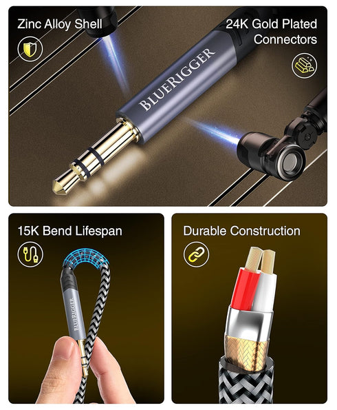 BlueRigger 3.5mm Stereo Audio Cable (15FT, 24K Gold Plated Jack, Male to Male, Hi-Fi Sound) Aux Cord for Headphones,