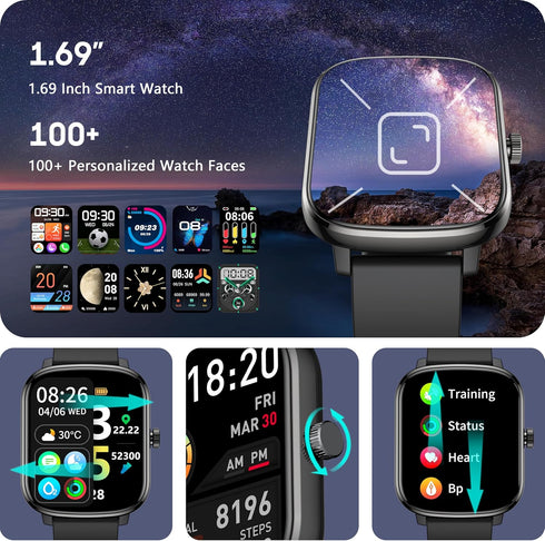 KALINCO Smart Watch for Men, 1.69" Fitness Tracker, Heart Rate, Blood Pressure, Blood Oxygen Tracking, 100+ Sports Modes
