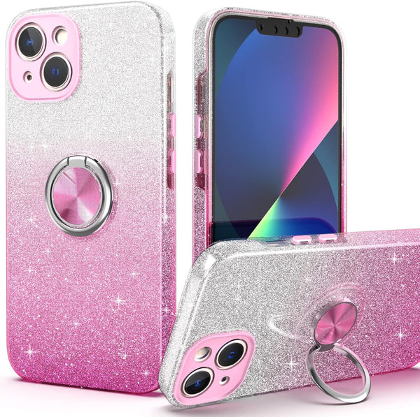 Slim Glitter Case for iPhone 13 with 360° Ring Holder Kickstand, Shock-Absorbent Protective Cover (Pink)