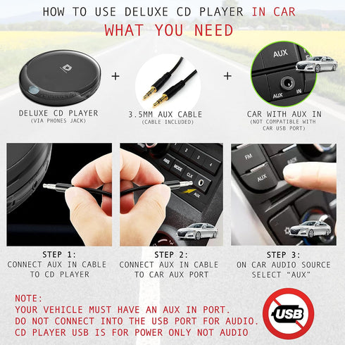 Deluxe Products 60 CD Player Portable with Second Anti Skip, Stereo Earbuds, Includes Aux in Cable and AC USB Power