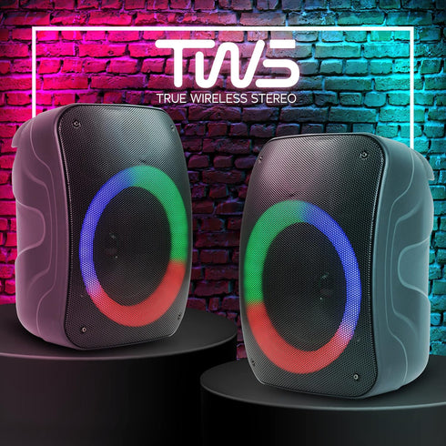 QFX PBX-126 TWS Bluetooth Portable Speaker - 10-Watt with 4” Woofer, FM Radio, LED Lights, AUX, USB, TF Input (Black)