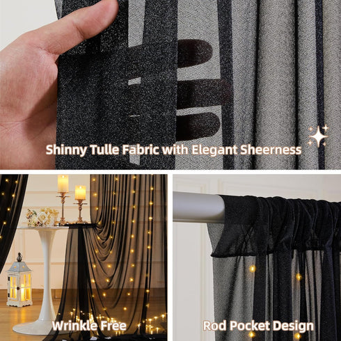 Wish Care 10x10FT Black Wrinkle Free Backdrop Curtains with Lights String for Parties - Photo Curtain Backdrop
