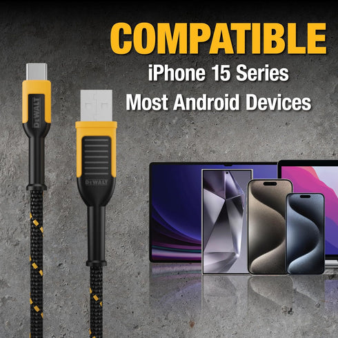 DEWALT 10 ft Type C to USB Cable Fast Charging USB-C to USB-A, Reinforced Braided Cable for durability.