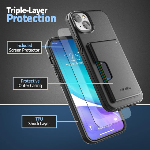 iPhone 14 ENCASED Protective Wallet Case - Black with Card Holder & Screen Protector (Holds 4 Credit Cards/IDs)