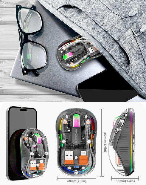Wireless Bluetooth Transparent Mouse, 2.4GHz with USB & Type-C Receivers, Portable Silent Rechargeable Mice with RGB