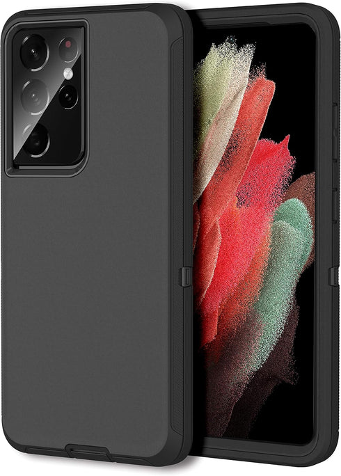 MXX Case Compatible with Galaxy S21 Ultra, 3-Layer Heavy Duty Body Bumper Cover, Shock Protection, Dust Proof (Black)