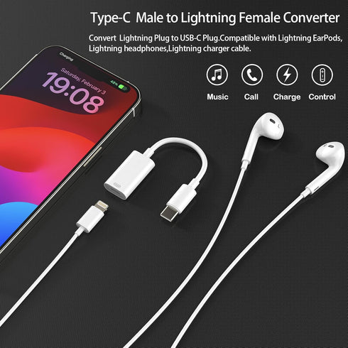 USB-C Male to Lightning Female Adapter, Type C to Lightning Converter for iPhone 15 and More
