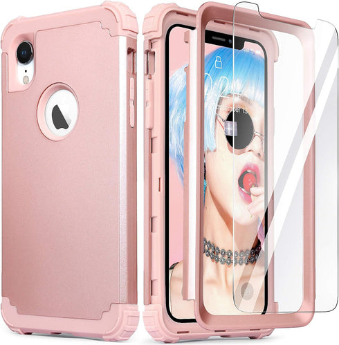 IDweel iPhone XR Case, Rose Gold 3-in-1 Shockproof Hybrid Cover with Tempered Glass Screen Protector for Women.