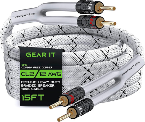 GearIT 12AWG Premium Heavy Duty Braided Speaker Wire Cable (15 Feet) with Dual Gold Plated Banana Plug Tips, In-Wall CL2
