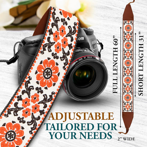 Art Tribute Orange Flowers Camera Strap, Retro 70's Classic Vintage Floral Pattern, Vegan Leather