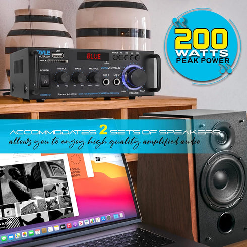 Pyle Wireless Bluetooth Stereo Power Amplifier, 200W 2 Channel Audio Receiver with RCA, USB, SD, MIC IN, FM Radio for
