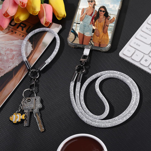 Crystal Phone Lanyard Wrist Strap Glitter Rhinestone Neck Lanyard Bling Wristlet Keychain Strap for Woman Card Holder