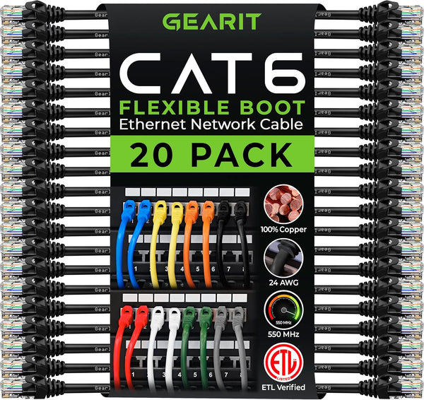 GearIT 20-Pack Cat6 Patch Cable, 1 Foot Snagless Flexible Ethernet Cable, Premium Series, Black