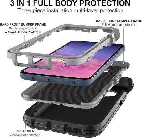 Galaxy S10E Case: 3-in-1 Heavy Duty Shockproof Protection with 2 Nano Explosion-Proof Films, Black/Grey