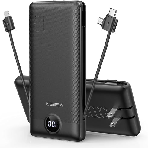 VEGER Portable Charger for iPhone, Built-in Cables and Wall Plug, 10000mAh Slim Fast Charging Power Bank, Black
