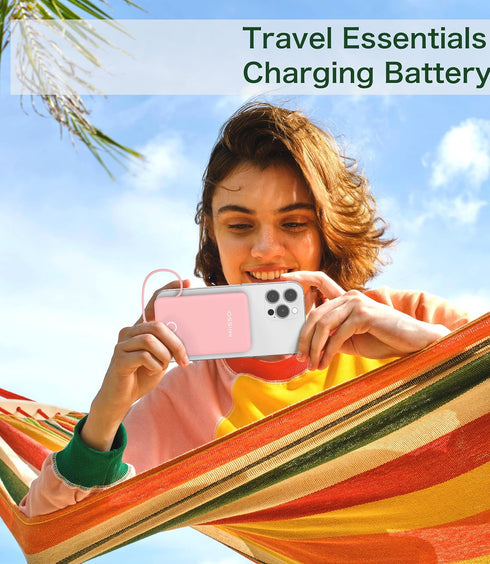 miisso 6000mAh Built-in Cables Power Bank, Travel Charger with USB C Cords, Card Size External Battery Pack, Blossom