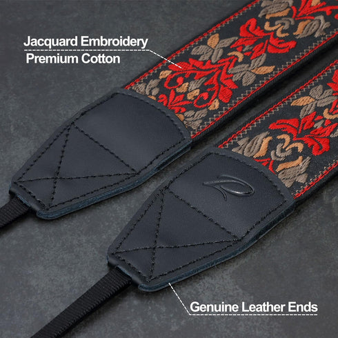 Padwa Lifestyle Camera Strap - 2" Wide Red Vintage Jacquard Embroidery Flower Strap with Genuine Leather Head,