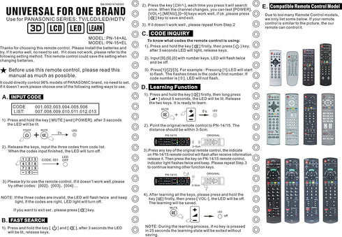 VINABTY Universal Remote for Panasonic N2QAYB000485 N2QAYB000486 N2QAYB000321 N2QAYB000221 N2QAYB000703