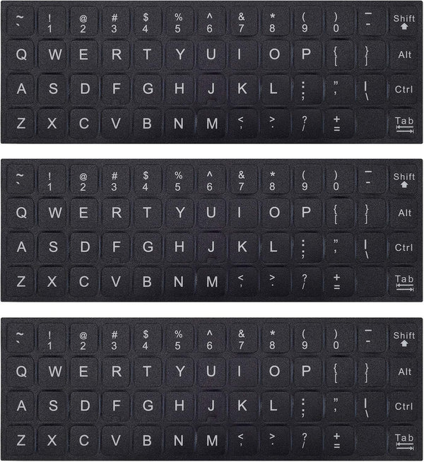3PCS Universal English Keyboard Letter Stickers, Replacement Stickers with Black Background and White Lettering
