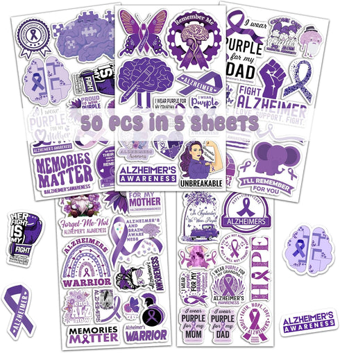 50 PCS Inspirational Alzheimers Stickers, Waterproof Vinyl Decals for Bicycle, Laptop, Bumper, Truck, Water Bottle