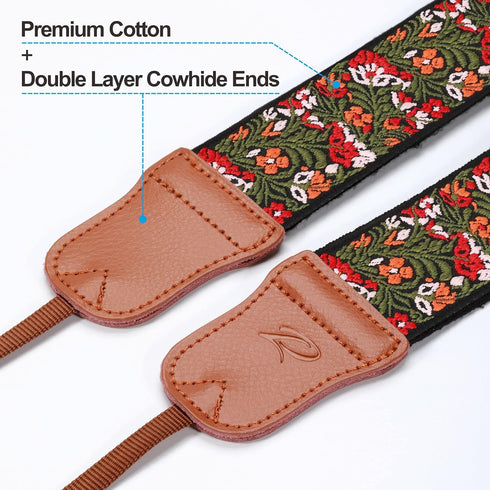 Ends,2" Padwa Lifestyle Green Flower Camera Strap for All DSLR Cameras,Double Layer Cowhide Wide Pure Cotton
