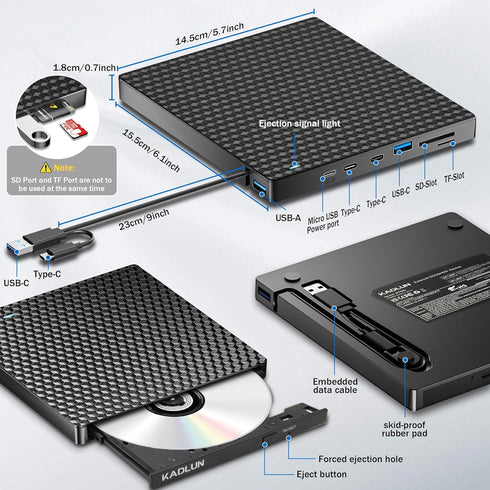 Kadlun 3.0 Drive,4 2 11/10/8/7/XP External CD DVD Drive for Laptop, USB Optical Disc USB Ports and TF/SD Card