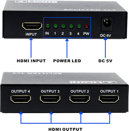 HDMI Splitter 1 in 4 Out, 4 Port 1x4 Full HD 1080P HDMI 1.4 Splitter with Switcher Converter