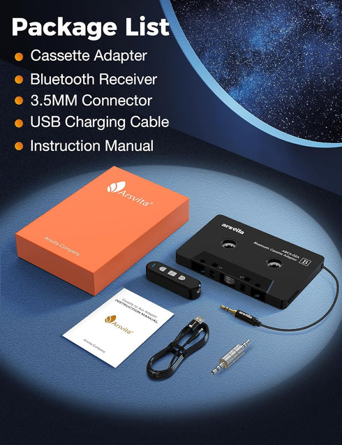 Arsvita Car Audio Cassette to Aux Adapter, 5.1 Bluetooth Receiver Kit for Cassette to Aux Adapter, Black