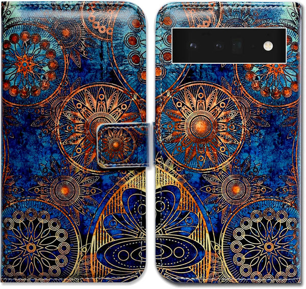 Gorgeous Colours Circle Mandala Leather Flip Phone Case for Google Pixel 6 Pro, Wallet Cover with Card Slot Holder