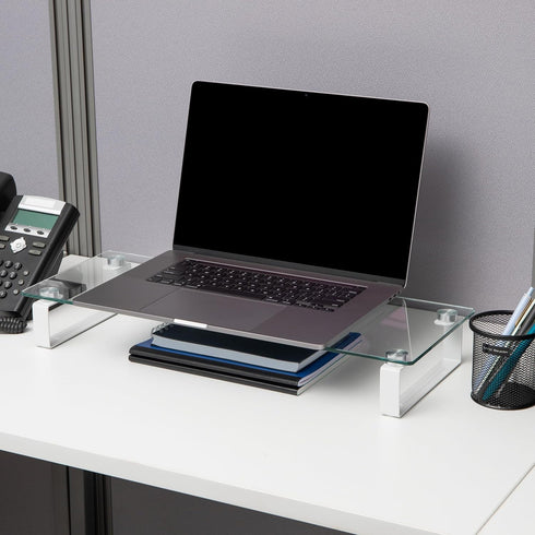 Contemporary Clear Glass Monitor Stand - Stylish Desktop Organizer and Laptop Riser