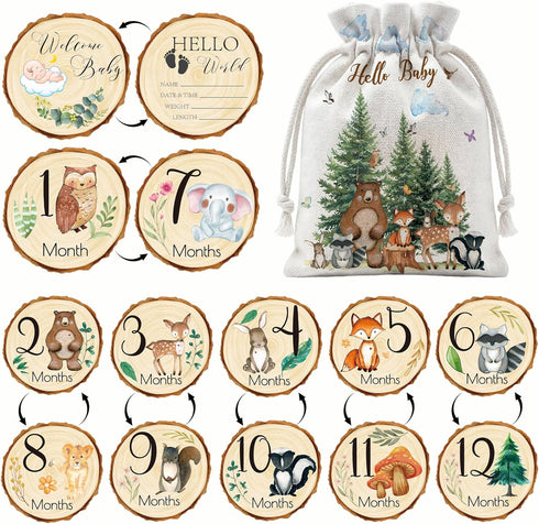 Uflashmi Woodland Baby Monthly Milestone Signs, 7Pcs Double Sided Wooden Months Baby Milestone