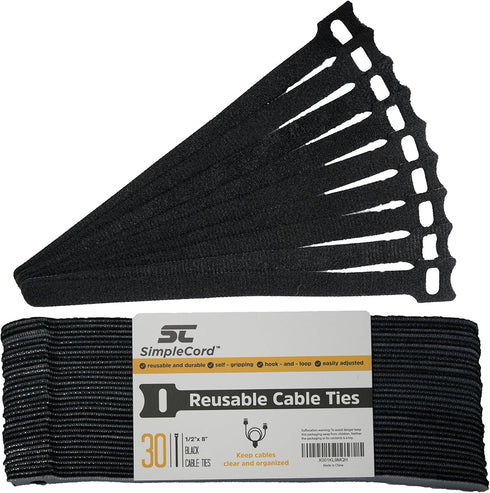 Cable Management Ties (30) 8" Reusable Self-Gripping Cord Straps for Organizing Cables and Wires
