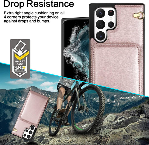 JAKPAK Wallet Zipper Leather Case for Samsung Galaxy S22 Ultra 5G, with Card Holder Slots, Protective Cover, Lanyard -