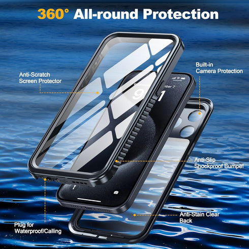 for iPhone 15 Pro Max Case, Waterproof, Built-in Screen & Lens Protector, IP68 Underwater Shockproof Dustproof Full