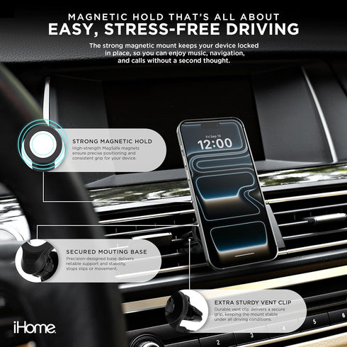 iHome 360 Air Vent Clip Car Mount, Rotation, Secure Fit, Adjustable Grip (Magnetic Air Vent)