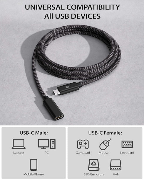 USB Type C Extension Cable (10Ft/3m) for iPhone 15, MacBook Air M2/M1/Pro, iPad Pro 2021, Dell XPS, Surface Book - Black