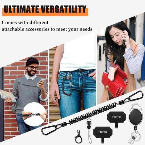 Azrra Phone Tether with Drop Protection: 31” Retractable Phone Clip, Universal Lanyard & Tether Tabs