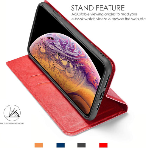 ZCDAYE Wallet Case for iPhone X/iPhone Xs, Magnetic Premium Vintage PU Leather Shockproof Folio Flip Case (Red)