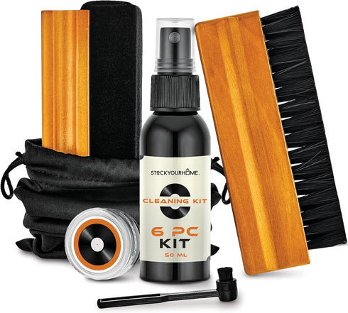 Stock Your Home 6 Piece Vinyl Record Cleaning Kit, Includes Cleaner Spray, Velvet Brush, and Duster Bag