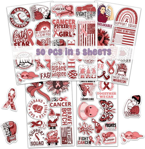 Pack 50 PCS Oral Throat Cancer Awareness Stickers, Decorative Ribbon Vinyl Decals for Survivor Fight Inspirational Label